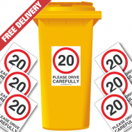 20 mph Please Drive Carefully Speed Reduction Wheelie Bin Stickers